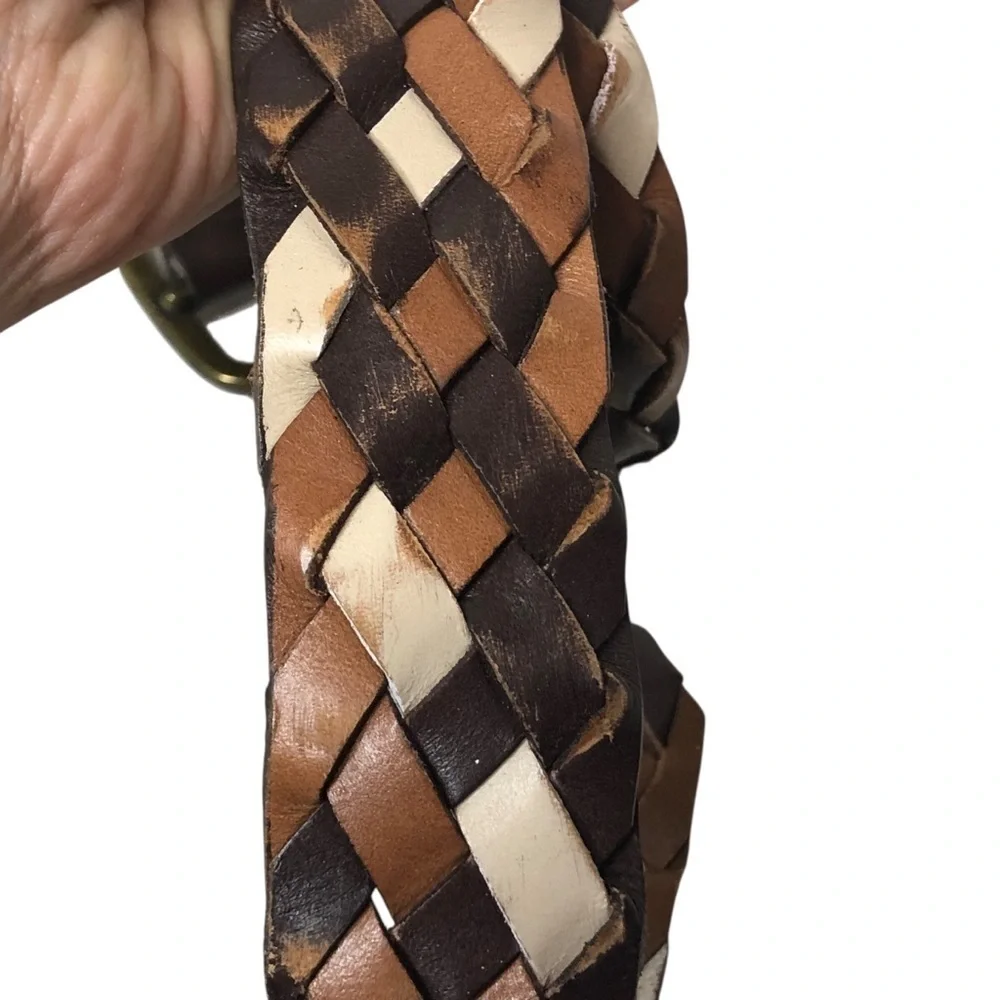 Y2K Rolfs Braided Wide Leather Belt XL Brown White Wide Boho Western Festival